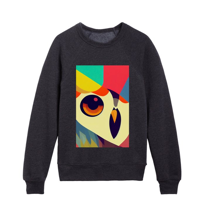 Colorful Owl Portrait Abstract Illustration - Bright Vibrant Colors Bohemian Style Feathers Psychedelic Bird Animal Rainbow Colored Art Kids Crewneck