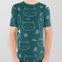 Teal Blue and White Doodle Kitten Faces Pattern All Over Graphic Tee