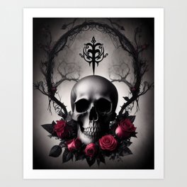 Dark Gothic Skull Art: Black Thorn floral Reath Art Print