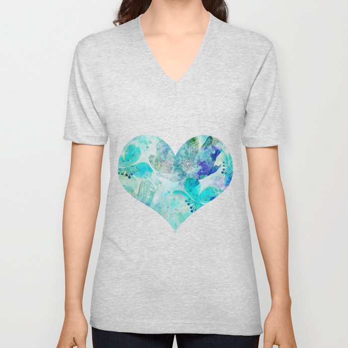 blue turquoise mixed media flower illustration Unisex V-Ausschnitt blue turquoise mixed media flower illustration Unisex V-Ausschnitt
