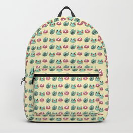 Patron Ranas Violeta-Verde Backpack | Pattern, Smile, Kawaii, Nature, Digital, Mushroom, Drawing, Happy, Pastel, Leaves 