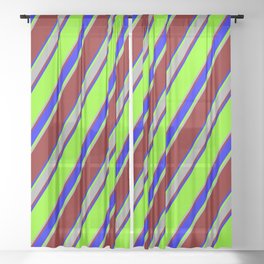 [ Thumbnail: Chartreuse, Dark Gray, Maroon & Blue Colored Lines/Stripes Pattern Sheer Curtain ]