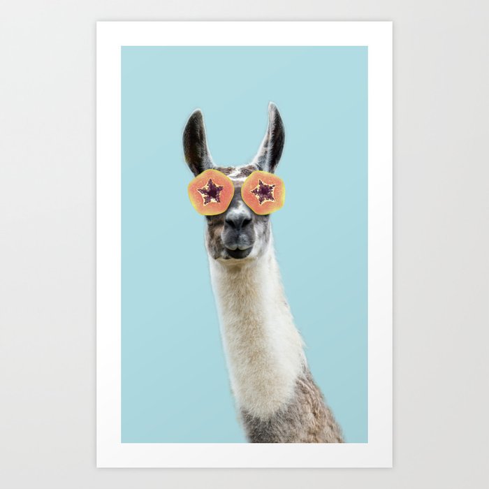Relaxing llama with fruits mask in blue Art Print