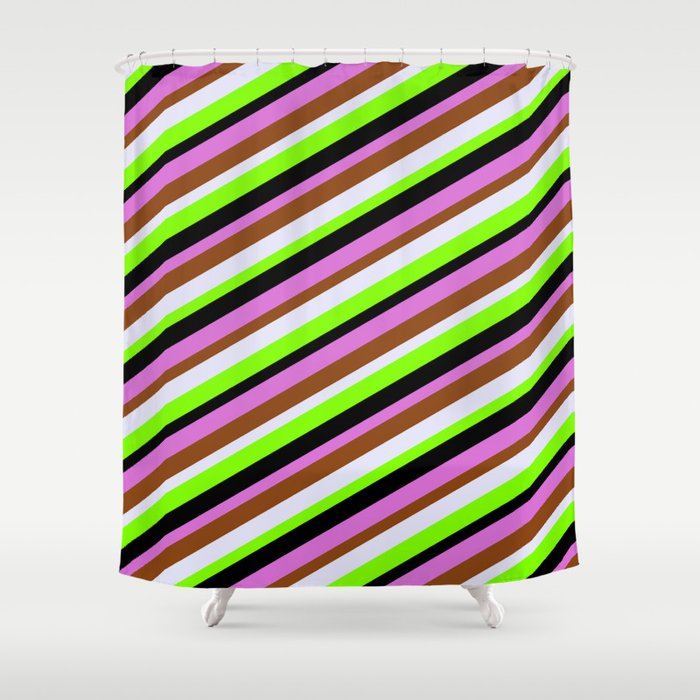 Colorful Orchid, Brown, Lavender, Chartreuse & Black Colored Stripes Pattern Shower Curtain