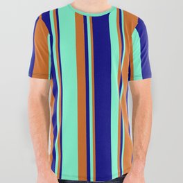 [ Thumbnail: Chocolate, Aquamarine & Blue Colored Stripes Pattern All Over Graphic Tee ]