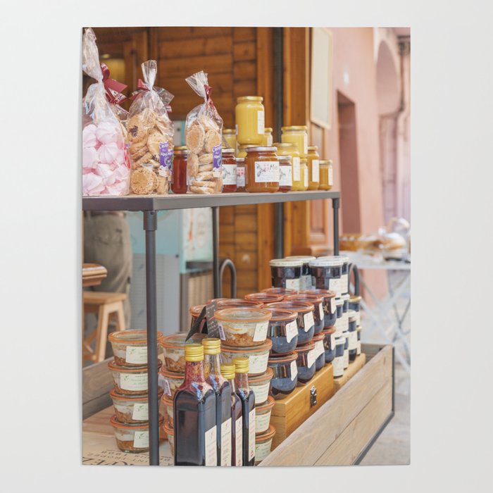 Local produce shop in Bourg St Maurice, France - honey, jam, cookies and syrup - Travel photography Poster