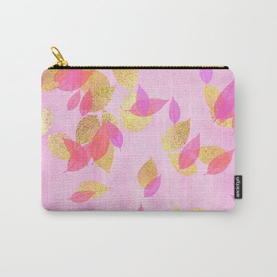 Autumn-world 5 - gold glitter leaves on pink background on #Society6 Carry-All Pouch