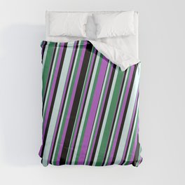 [ Thumbnail: Orchid, Black, Light Cyan, and Sea Green Colored Lined/Striped Pattern Duvet Cover ]