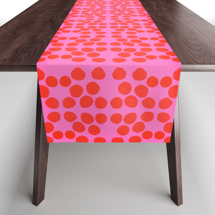 Modern Polka Dots Pattern Red On Hot Pink Mid-Century Geometric Bright Cheerful Retro Dotty Pattern Table Runner