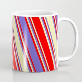 [ Thumbnail: Red, Slate Blue, and Pale Goldenrod Colored Lined/Striped Pattern Coffee Mug ]