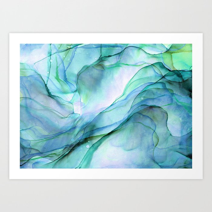Aqua Turquoise Teal Abstract Ink Painting Art Print