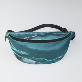 Glamour Turquoise Blue Bohemian Watercolor Marble With Silver Glitter Veins Fanny Pack