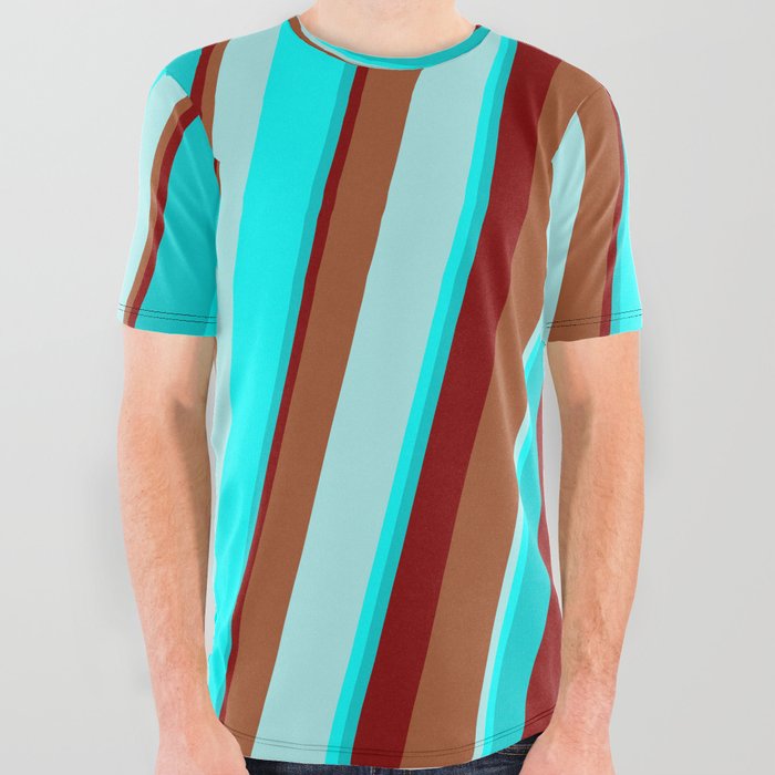 Maroon, Sienna, Turquoise, Cyan, and Dark Turquoise Colored Stripes/Lines Pattern All Over Graphic Tee