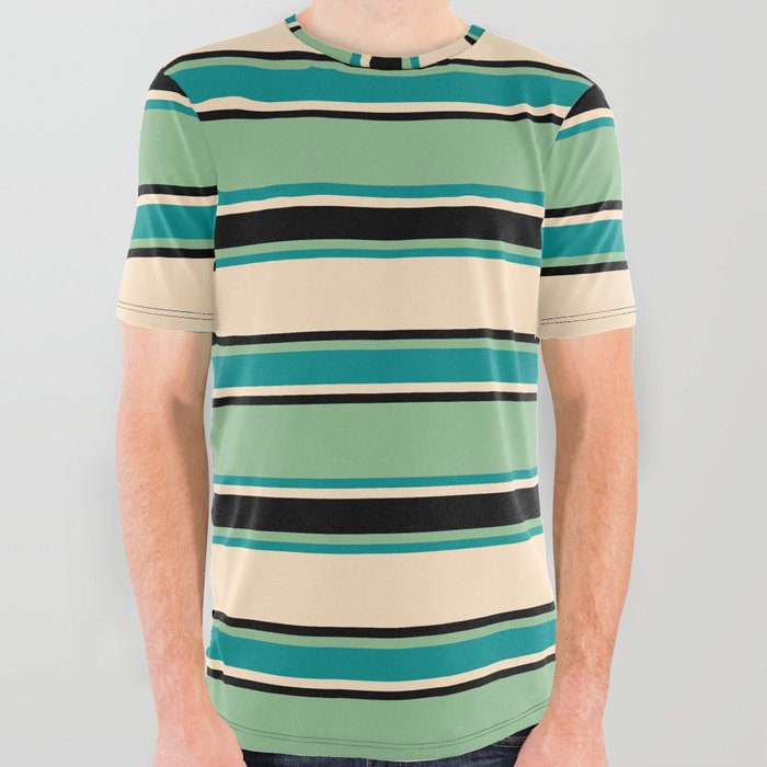 Dark Sea Green, Dark Cyan, Bisque, and Black Colored Striped Pattern All Over Graphic Tee