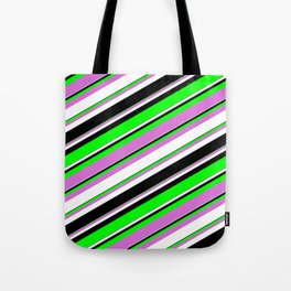 [ Thumbnail: Lime, Orchid, White & Black Colored Lined/Striped Pattern Tote Bag ]