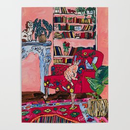 Ginger Cat in Embroidered Red Armchair with Staffordshire Spaniel in Book-Lined Room Interior Painting Poster