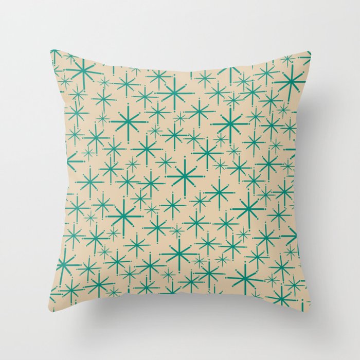 Stella 2 - Atomic Age Starbursts - Midcentury Modern Pattern in Turquoise Teal and Mid Mod Beige Throw Pillow