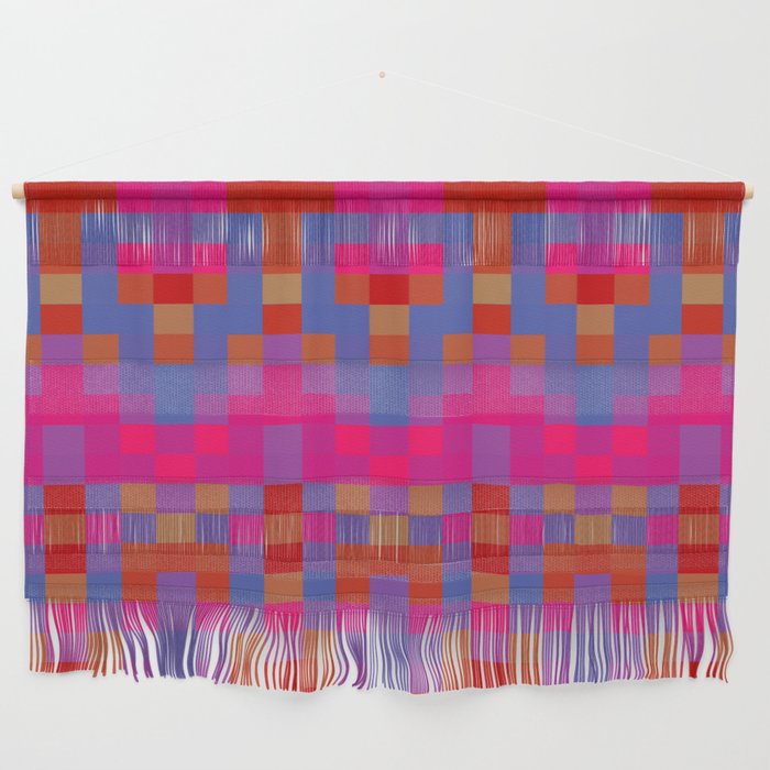 geometric symmetry pixel square pattern abstract background in pink red blue Wall Hanging