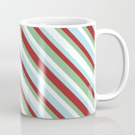 [ Thumbnail: Mint Cream, Powder Blue, Brown, and Dark Sea Green Colored Striped Pattern Coffee Mug ]