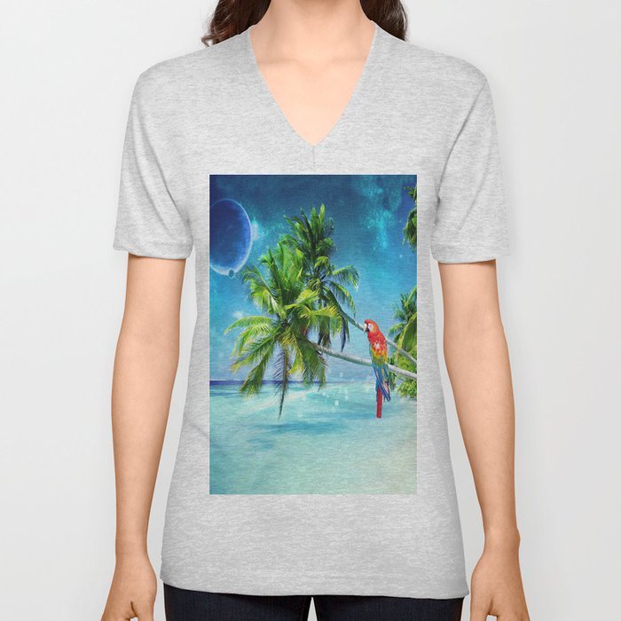 Parrot in the beach V Neck T Shirt