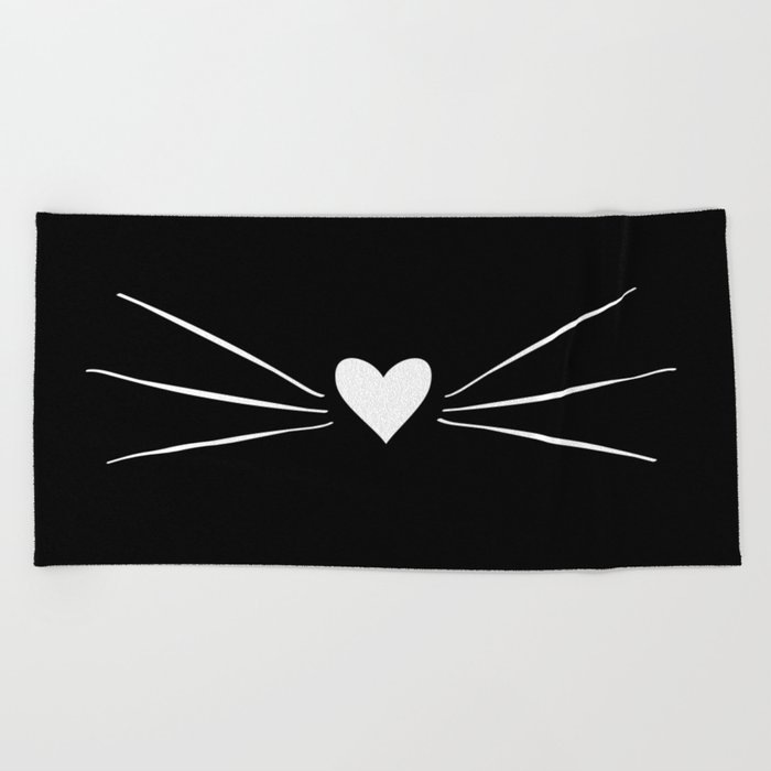 Cat Heart Nose & Whiskers White on Black Beach Towel