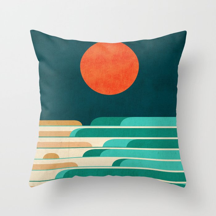 Chasing wave under the red moon Throw Pillow