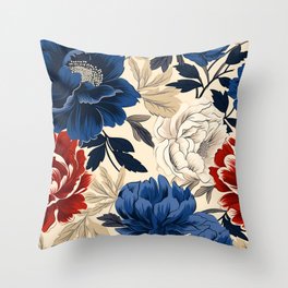 Vintage Red, Blue, and Beige Flowers Seamless Pattern Throw Pillow