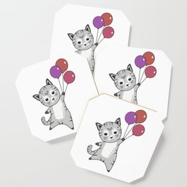 Cat Flies Up With Colorful Balloons Coaster