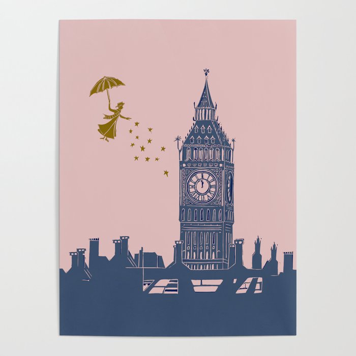 Mary Poppins and Big Ben in Pink and Blue Poster