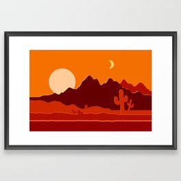 Desert Sunset Framed Art Print | Vector, Graphic Design, Sun, Pattern, Landscape, Mountains, Brown, Roadrunner, Cactus, Moon 