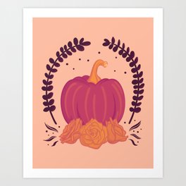 Pumpkin and Roses Emblem - Orange, Pink and Beige Art Print