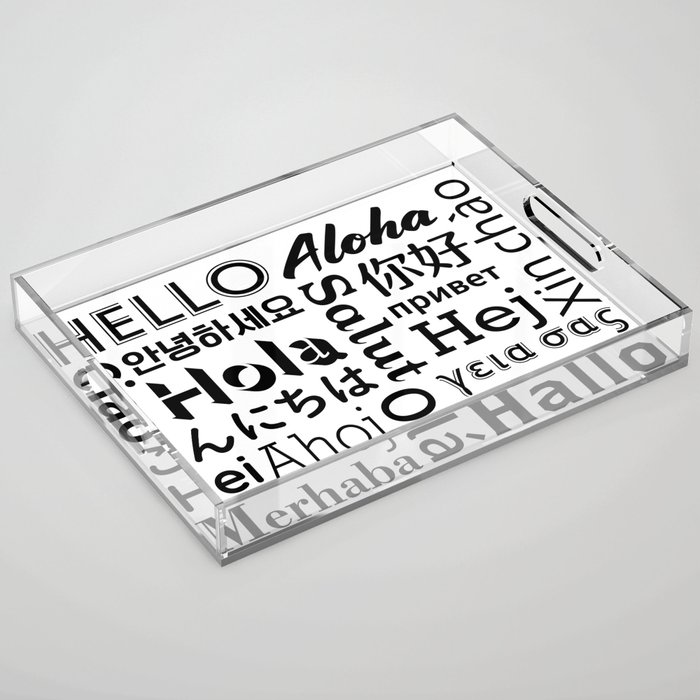 Hello in Foreign Languages - Black in White Acrylic Tray