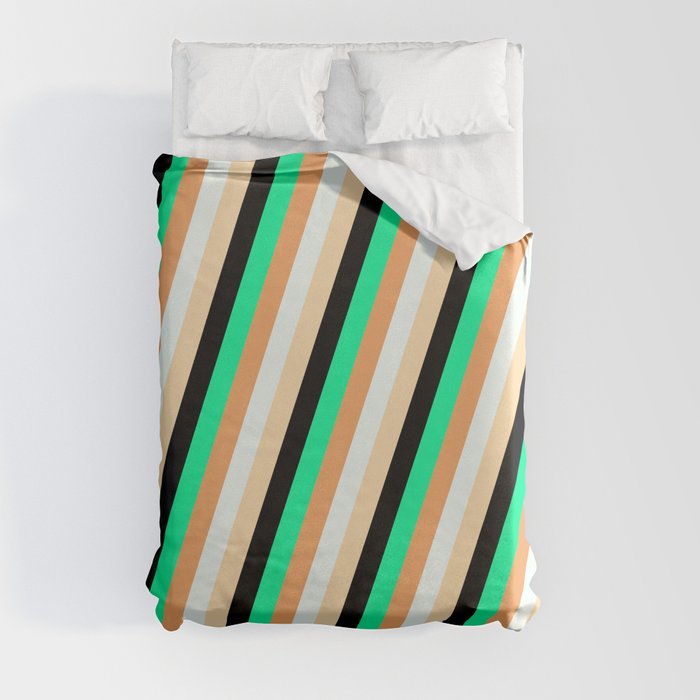 Eye-catching Green, Brown, Mint Cream, Tan, and Black Colored Lines/Stripes Pattern Duvet Cover