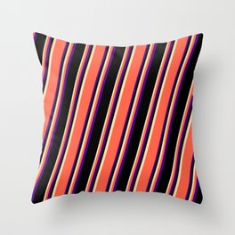 [ Thumbnail: Tan, Red, Indigo, and Black Colored Striped/Lined Pattern Throw Pillow ]