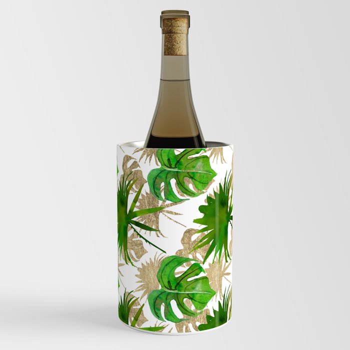 Tropical green gold watercolor palm tree monstera leaves  Wine Chiller