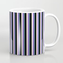 [ Thumbnail: Purple, Dark Slate Gray, Black & Beige Colored Lined/Striped Pattern Coffee Mug ]