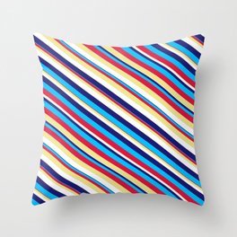 [ Thumbnail: Eyecatching Midnight Blue, Deep Sky Blue, Crimson, Tan, and White Colored Lined Pattern Throw Pillow ]