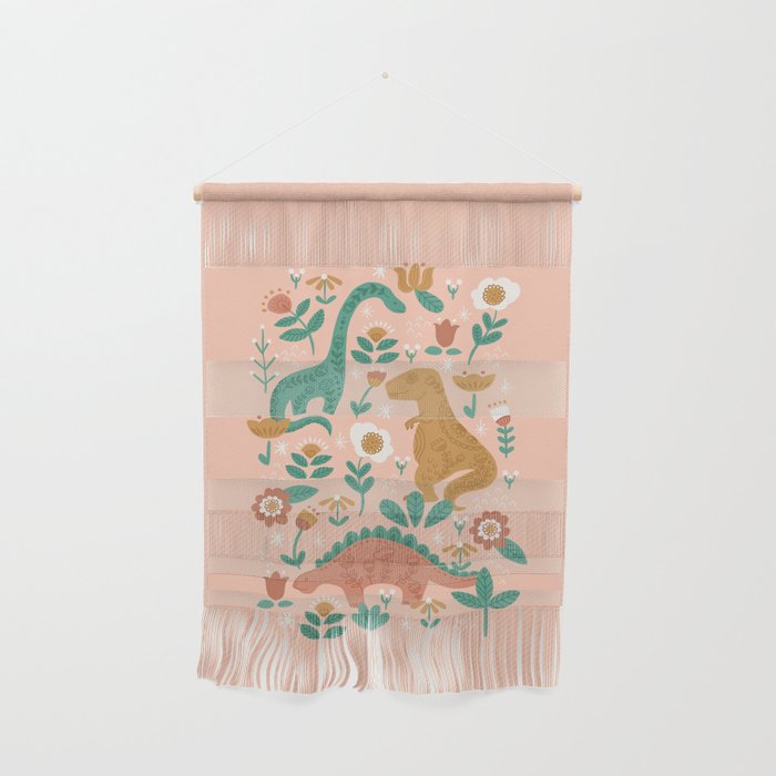 Folk Floral Dinosaurs in Pink Wall Hanging