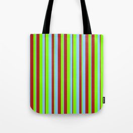 [ Thumbnail: Red, Light Sky Blue, and Chartreuse Colored Lined/Striped Pattern Tote Bag ]