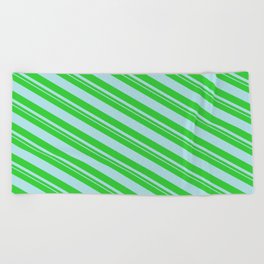 [ Thumbnail: Lime Green and Powder Blue Colored Pattern of Stripes Beach Towel ]