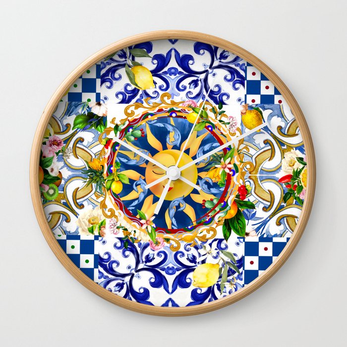 Sicilian sun,tiles,summer,majolica,lemon art Wall Clock