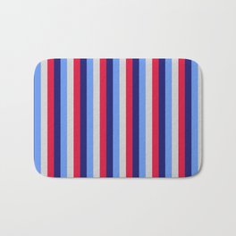 [ Thumbnail: Light Gray, Cornflower Blue, Midnight Blue & Crimson Colored Stripes Pattern Bath Mat ]
