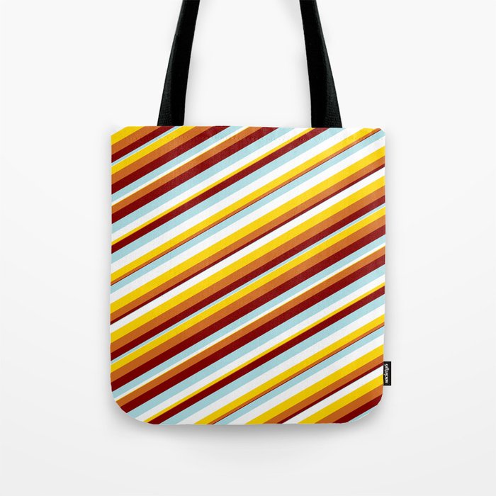 Vibrant Powder Blue, White, Yellow, Chocolate, and Maroon Colored Lines Pattern Tote Bag