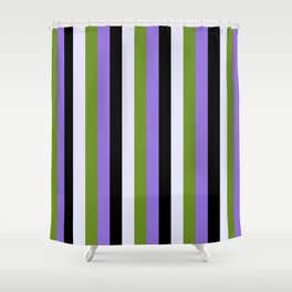 [ Thumbnail: Purple, Green, Lavender & Black Colored Lined/Striped Pattern Shower Curtain ]
