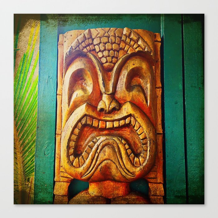 Hawaii retro wood carving tiki face close-up Canvas Print