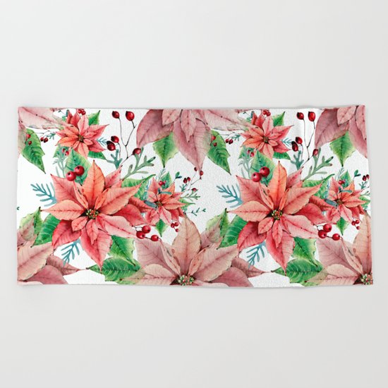 Red Poinsettia Beach Towel