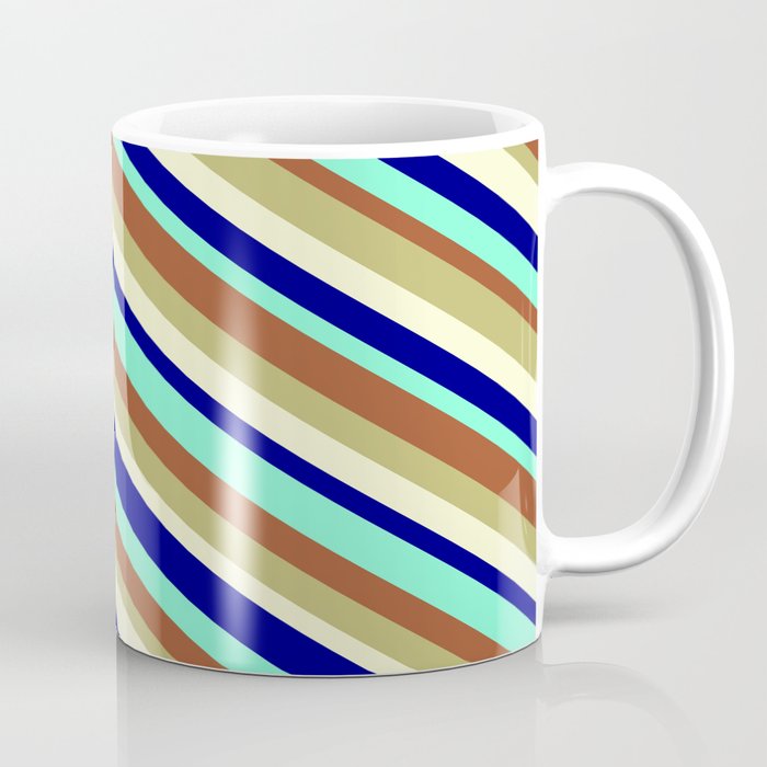 Eye-catching Sienna, Dark Khaki, Light Yellow, Blue, and Aquamarine Colored Striped/Lined Pattern Coffee Mug