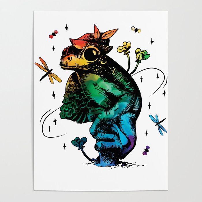 Frog with mushroom Cottagecore Rainbow Style Poster