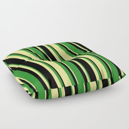 [ Thumbnail: Black, Forest Green, and Tan Colored Stripes Pattern Floor Pillow ]