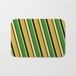 [ Thumbnail: Goldenrod, Tan, Forest Green, and Black Colored Striped/Lined Pattern Bath Mat ]